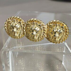 Lion Head Bar Brooch Pin Vintage 1980s Gold Tone Rope Detail 3 Inches Bold